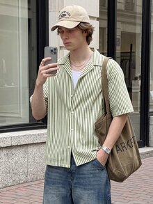 Manfinity Dauomo 男士加大码条纹短袖单排扣休闲衬衫 - 綠色 - 查看 8