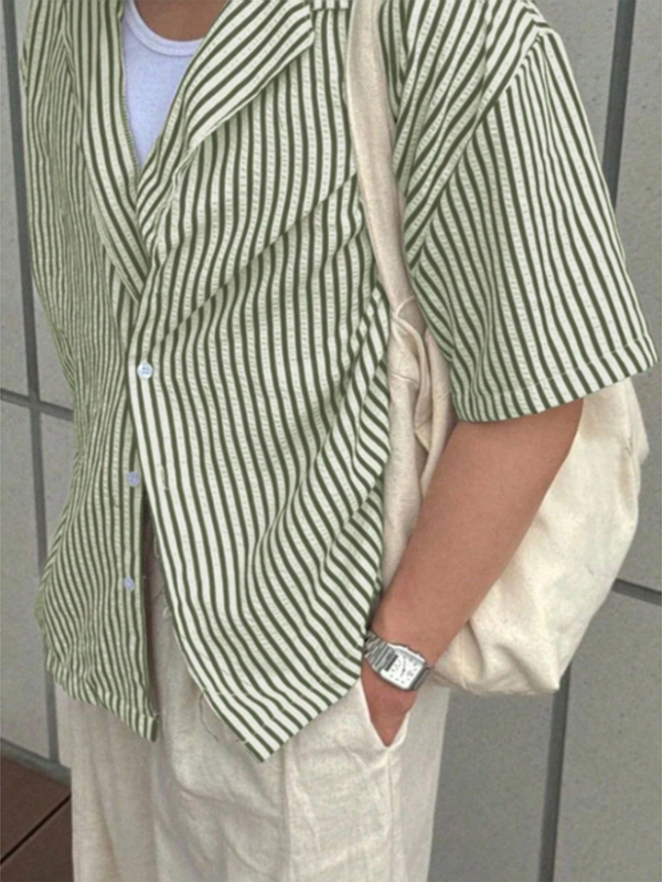 Manfinity Dauomo 男士加大码条纹短袖单排扣休闲衬衫