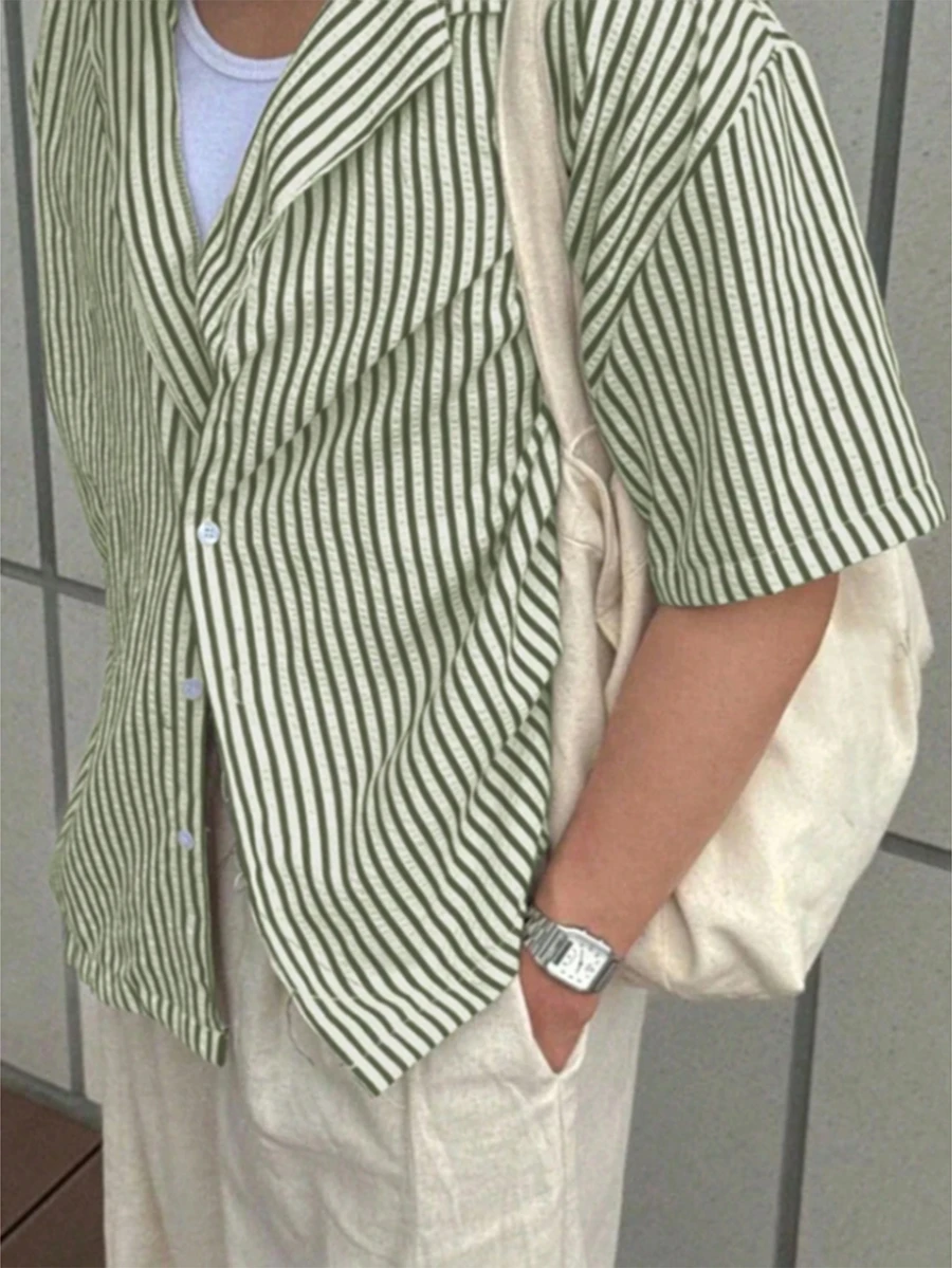 Manfinity Dauomo 男士加大码条纹短袖单排扣休闲衬衫 - 綠色 - 查看 1