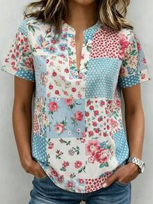 SHEIN Holidaya 女款休閒奶奶風度假襯衫，花卉輪廓、抽象圓點拼接數位印花，亞麻感梭織布料，短袖 - 彩色 - 查看 4