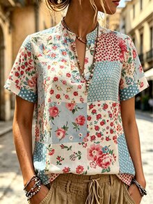 SHEIN Holidaya 女款休閒奶奶風度假襯衫，花卉輪廓、抽象圓點拼接數位印花，亞麻感梭織布料，短袖 - 彩色 - 查看 3