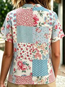 SHEIN Holidaya 女款休閒奶奶風度假襯衫，花卉輪廓、抽象圓點拼接數位印花，亞麻感梭織布料，短袖 - 彩色 - 查看 2