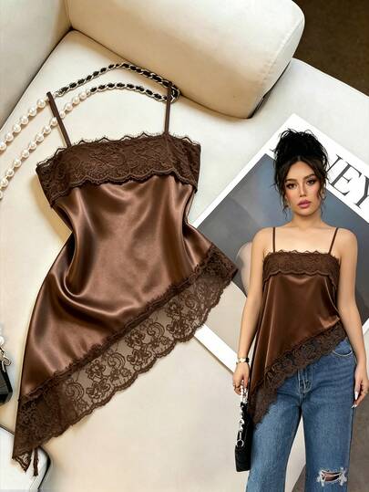 SHEIN Women's Spring/Summer New Brown Satin Camisole Tank Top With Lace Patchwork, Asymmetrical Hem, High Slit, Elegant Sexy Romantic Versatile Daily
