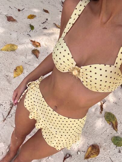 Sunnyshic Conjunto de 3 piezas de traje de baño bikini con falda, estampado de lunares blanco & negro, con efecto push-up para mujer de verano