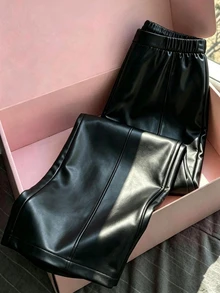 Tween女孩黑色人造皮革長褲，彈性腰頭設計，3D分段線條飾身，秋冬休閒寬腿高腰長褲 - 黑色 - 查看 3