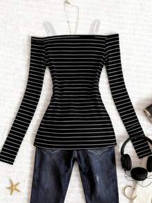 SHEIN Girls' Vintage Off-Shoulder Long Sleeve Top, Striped Pattern Fitted T-Shirt, Fashionable Versatile Striped Retro Y2K Style Suitable For Back To School, Holiday Gifts, Spring, Summer - Multicolor - View 2