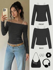 SHEIN Girls' Vintage Off-Shoulder Long Sleeve Top, Striped Pattern Fitted T-Shirt, Fashionable Versatile Striped Retro Y2K Style Suitable For Back To School, Holiday Gifts, Spring, Summer - Multicolor - View 3