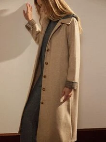 Écloséra 女式中长款格子拼色直筒羊毛大衣 - 卡其色 - 查看 4