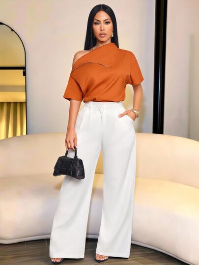 SOLERSUN Women's Summer Chic Casual Elegant Asymmetric Collar Blouse Work Outfits Minimalist Commute Vacation Teacher Festival Outfits Going Out Back To School