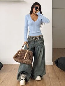 Coolane 女款秋冬復古學院風 Y2K 休閒性感老錢風百搭日常穿著 外出文藝市集夜店藍色毛衣冬季上衣 - 淺藍色 - 查看 2