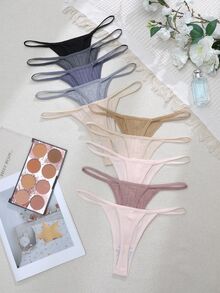 Lullawish 10pcs/Pack Women's Solid Color Ribbed Thong Panties - Multicolor - View 2