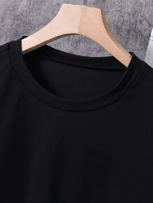 Vacaura 2件套青少年男童休闲撞色拼布字母印花T恤和运动裤套装 - 黑與白 - 查看 5