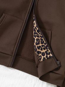 Jaket Pendek Berkerudung Anak Perempuan Musim Gugur/Dingin, Semua Nuansa Cokelat, Resleting Depan dengan Kantong Kanguru, Lapisan Dalam Motif Leopard, Minimalis, Sopan, Cocok untuk Sekolah/Karier - MultiWarna - View 5