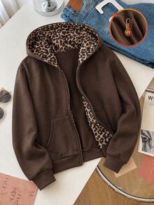 Jaket Pendek Berkerudung Anak Perempuan Musim Gugur/Dingin, Semua Nuansa Cokelat, Resleting Depan dengan Kantong Kanguru, Lapisan Dalam Motif Leopard, Minimalis, Sopan, Cocok untuk Sekolah/Karier - MultiWarna - View 8