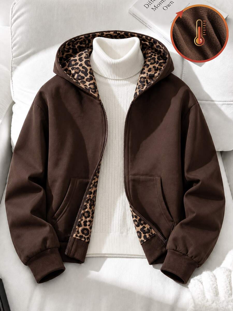 Jaket Pendek Berkerudung Anak Perempuan Musim Gugur/Dingin, Semua Nuansa Cokelat, Resleting Depan dengan Kantong Kanguru, Lapisan Dalam Motif Leopard, Minimalis, Sopan, Cocok untuk Sekolah/Karier - MultiWarna - View 1