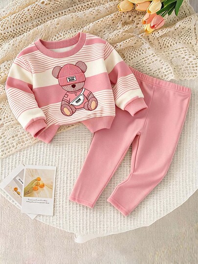 Baby Girl 1 Random Set Mystery Box, Sweet & Adorable Floral‑Print Long‑Sleeve Crew‑Neck Sweatshirt With Bow Print , Matching Pants, Casual Minimalist