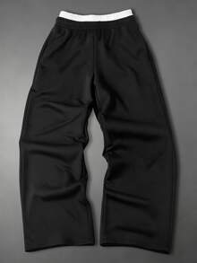 Manfinity Roghcode Men's Chinese Style Plum Blossom Embroidered Wide Leg Sweatpants, Contrast Color Elastic Drawstring Waist Loose Draped Street Casual Sports Long Pants - Black - View 2