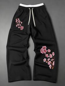 Manfinity Roghcode Men's Chinese Style Plum Blossom Embroidered Wide Leg Sweatpants, Contrast Color Elastic Drawstring Waist Loose Draped Street Casual Sports Long Pants - Black - View 1