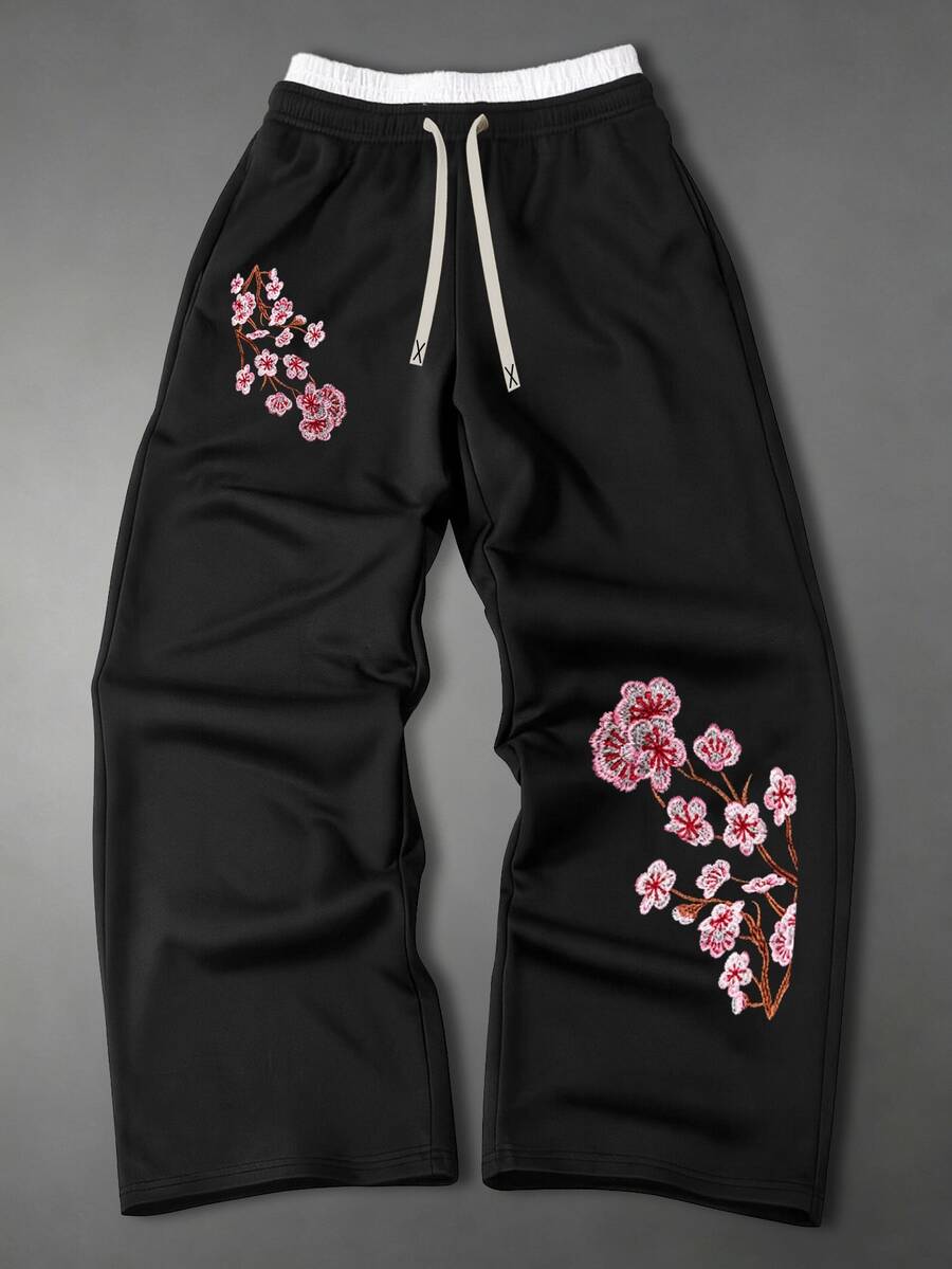 Manfinity Roghcode Men's Chinese Style Plum Blossom Embroidered Wide Leg Sweatpants, Contrast Color Elastic Drawstring Waist Loose Draped Street Casual Sports Long Pants - Black - View 1