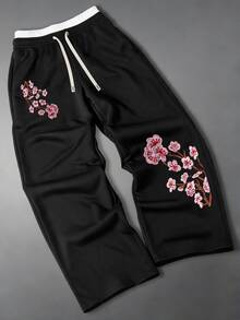 Manfinity Roghcode Men's Chinese Style Plum Blossom Embroidered Wide Leg Sweatpants, Contrast Color Elastic Drawstring Waist Loose Draped Street Casual Sports Long Pants - Black - View 3
