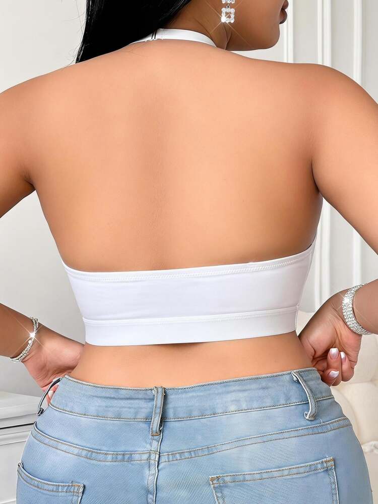 SHEIN Plus Size Comfortable Wire-Free Thin Bottom Halter Neck Bra - White - View 2