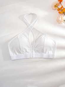 SHEIN Plus Size Comfortable Wire-Free Thin Bottom Halter Neck Bra - White - View 6