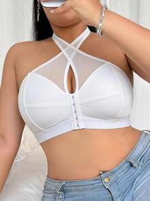 SHEIN Plus Size Comfortable Wire-Free Thin Bottom Halter Neck Bra - White - View 3