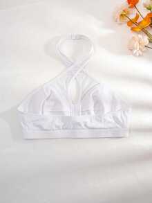 SHEIN Plus Size Comfortable Wire-Free Thin Bottom Halter Neck Bra - White - View 7
