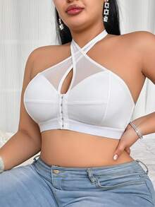 SHEIN Plus Size Comfortable Wire-Free Thin Bottom Halter Neck Bra - White - View 5