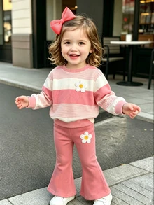 Baby Girl Color Block Striped Crew Neck Sweatshirt & Flared Pants Set - Multicolor - View 1