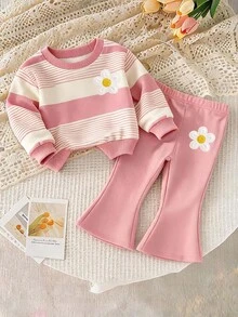 Baby Girl Color Block Striped Crew Neck Sweatshirt & Flared Pants Set - Multicolor - View 4