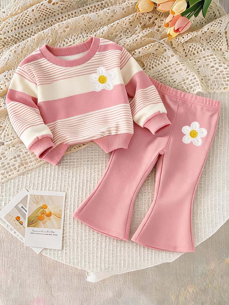Baby Girl Color Block Striped Crew Neck Sweatshirt & Flared Pants Set - Multicolor - View 4