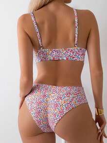 SHEIN Swim 女士碎花细肩带比基尼套装，适合海滩/夏季，随机印花 - 彩色 - 查看 2