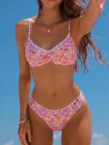SHEIN Swim 女士碎花细肩带比基尼套装，适合海滩/夏季，随机印花 - 彩色 - 查看 1