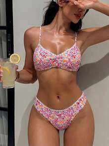 SHEIN Swim 女士碎花细肩带比基尼套装，适合海滩/夏季，随机印花 - 彩色 - 查看 4