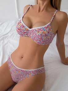 SHEIN Swim 女士碎花细肩带比基尼套装，适合海滩/夏季，随机印花 - 彩色 - 查看 5