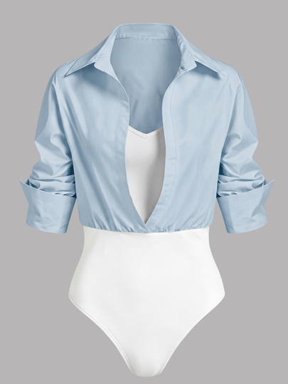 SHEIN LUNE White 2 Inn 1 Shirt Bodysuit, Collared Long Sleeve V-Neck Tank Top Patchwork Slim Fit Bodysuit