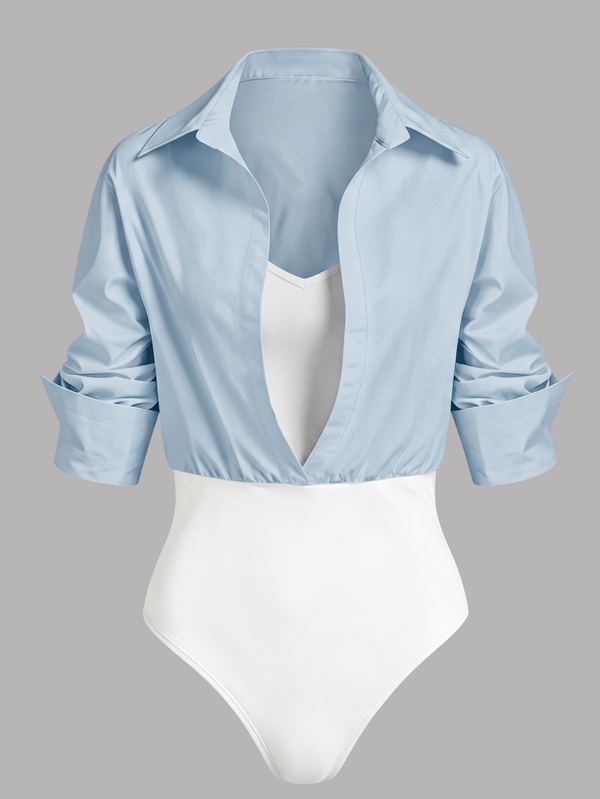 SHEIN LUNE White 2 Inn 1 Shirt Bodysuit, Collared Long Sleeve V-Neck Tank Top Patchwork Slim Fit Bodysuit