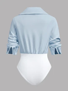 SHEIN LUNE 白色 2 合 1 襯衫連身衣，領口長袖 V 領背心拼接修身連身衣 - 淺藍色 - 查看 2