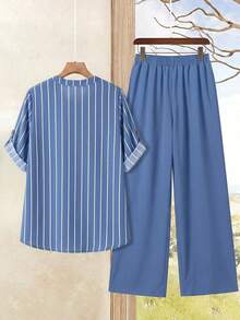 EMERY ROSE Plus Size Women's Striped Top And Pants Casual Daily 2 Pieces Set - Multicolor - View 2