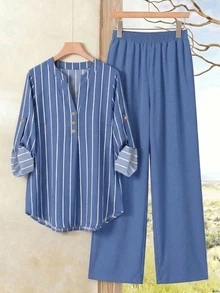 EMERY ROSE Plus Size Women's Striped Top And Pants Casual Daily 2 Pieces Set - Multicolor - View 1