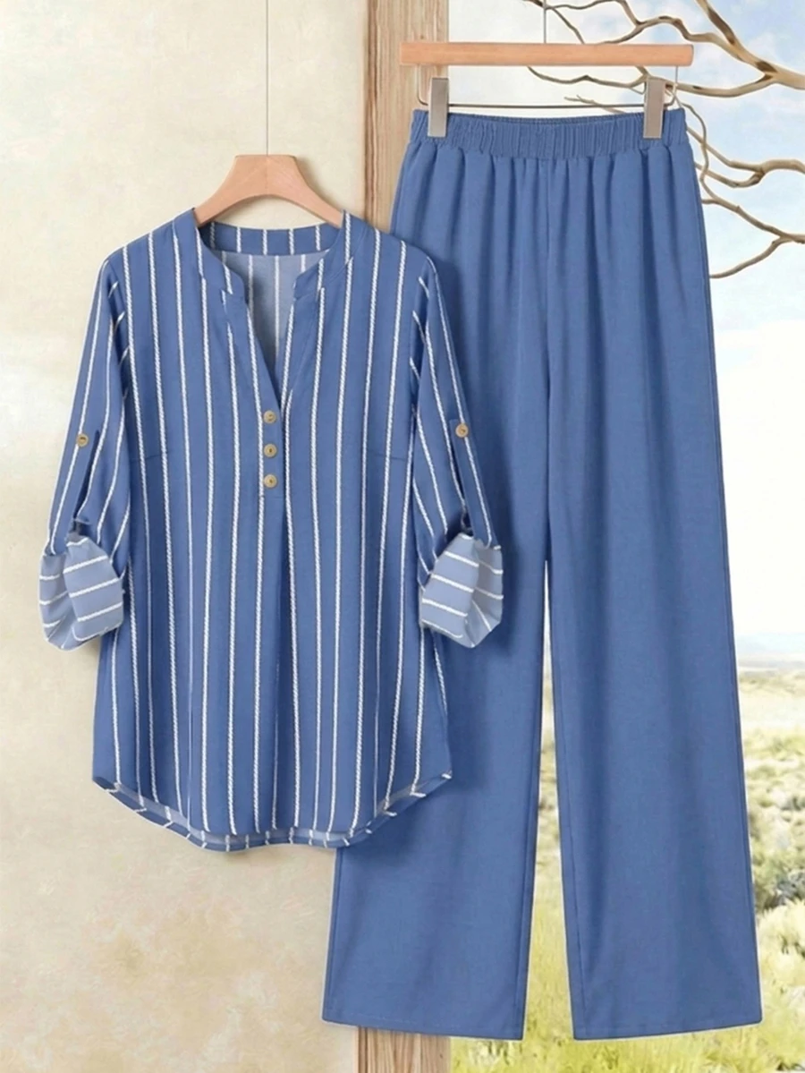 EMERY ROSE Plus Size Women's Striped Top And Pants Casual Daily 2 Pieces Set - Multicolor - View 1