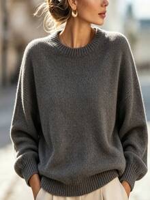 Elafinee Loose Round-Neck Lantern Sleeveharmony Drop Shoulderknitted Sweater - Dark Grey - View 3