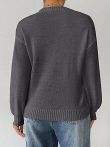 Elafinee Loose Round-Neck Lantern Sleeveharmony Drop Shoulderknitted Sweater - Dark Grey - View 2