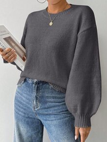 Elafinee Loose Round-Neck Lantern Sleeveharmony Drop Shoulderknitted Sweater - Dark Grey - View 5