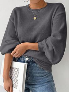 Elafinee Loose Round-Neck Lantern Sleeveharmony Drop Shoulderknitted Sweater - Dark Grey - View 6