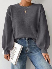 Elafinee Loose Round-Neck Lantern Sleeveharmony Drop Shoulderknitted Sweater - Dark Grey - View 7