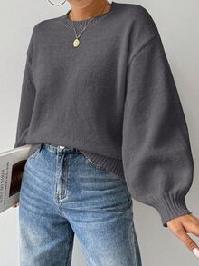 Elafinee Loose Round-Neck Lantern Sleeveharmony Drop Shoulderknitted Sweater - Dark Grey - View 8
