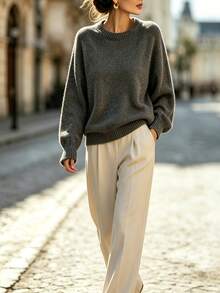 Elafinee Loose Round-Neck Lantern Sleeveharmony Drop Shoulderknitted Sweater - Dark Grey - View 4