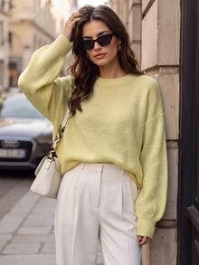 Elafinee Loose Round-Neck Lantern Sleeveharmony Drop Shoulderknitted Sweater - Light Yellow - View 3